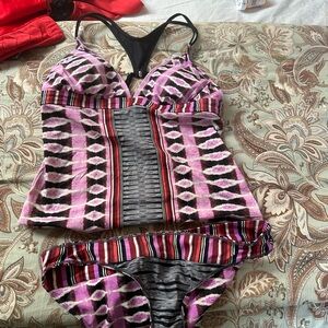 Athleta Pink and Brown Tankini with reversible bottoms.
